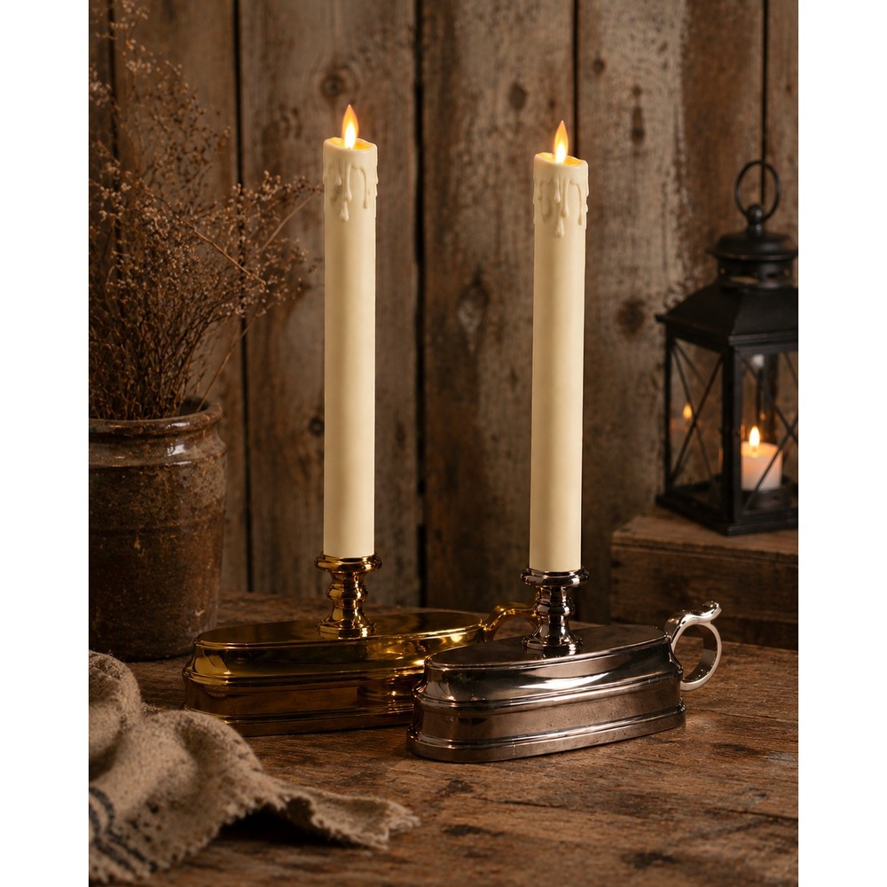 New Luminara Flameless 12" Taper Candles Moving Flame Bronze Tone Base Ivory 2pc